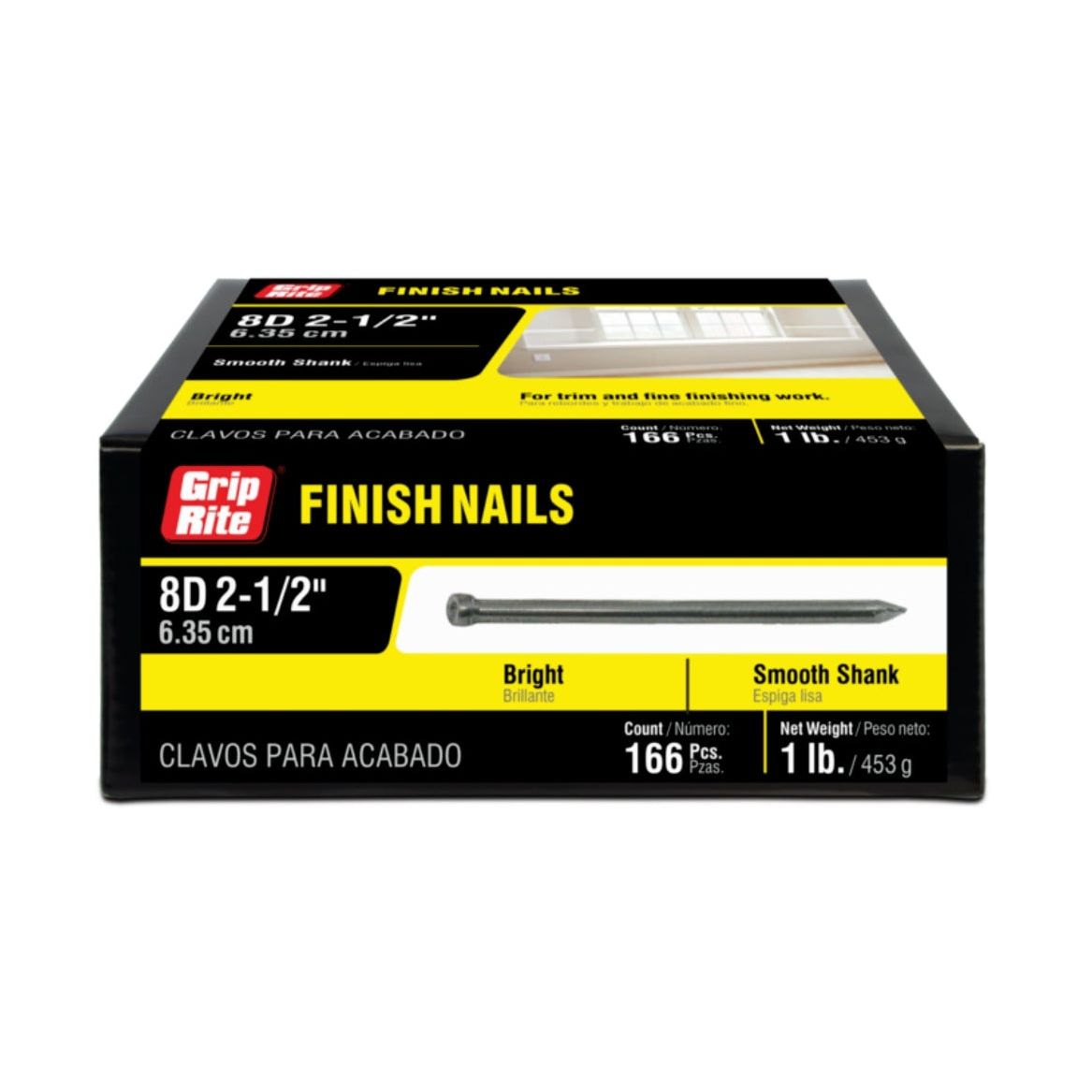 The webpage features GRIP-RITE 8F1 #12-1/2 x 2-1/2 in. 8D Bright Finish Nails (166/Pack), by Grip-Rite, perfect for carpentry and cabinetry. It includes images, descriptions, pricing details with price per unit, size, SKU, package quantity, and an Add to Cart button.